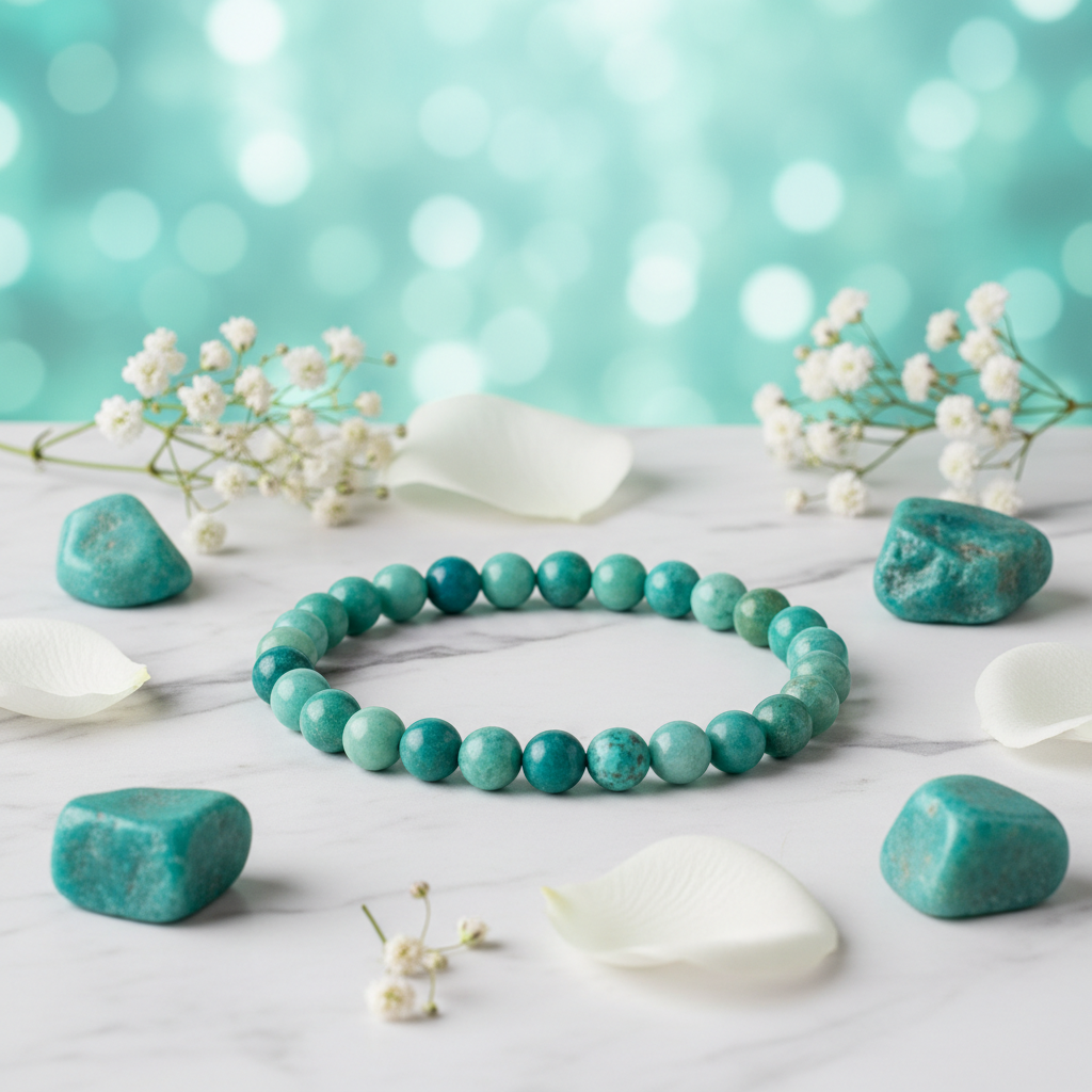 Natural Multi Amazonite Bracelet on white marble with multi-shade amazonite stones and white flowers
