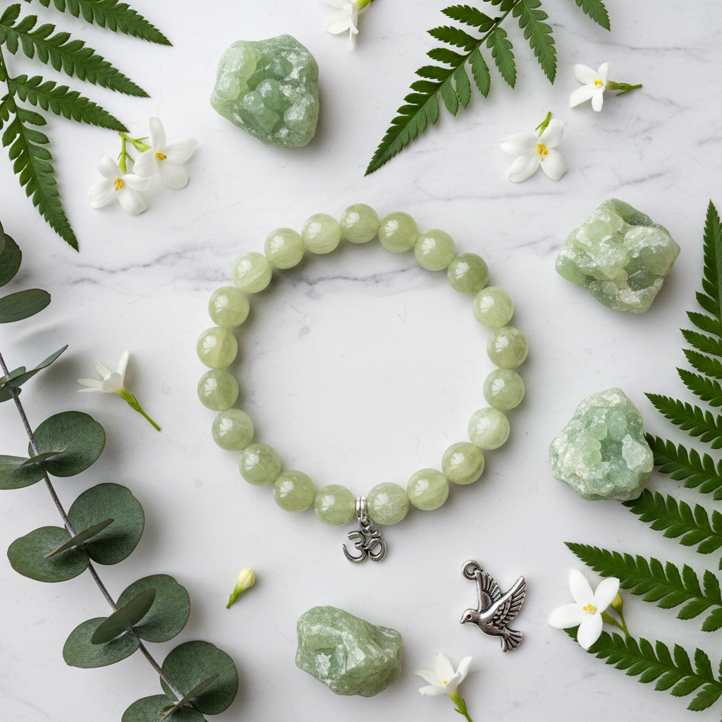 Natural Prehnite Bracelet flat lay with prehnite stones and white flowers