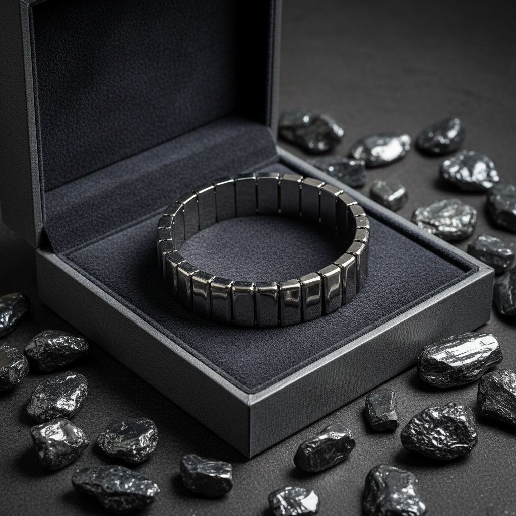 Chunky Rectangular Hematite Bracelet in premium gift box with dark grey velvet
