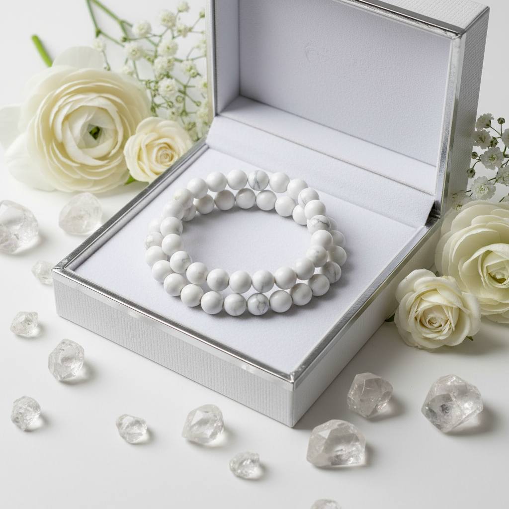 Natural White Howlite Bracelet in premium gift box with white velvet