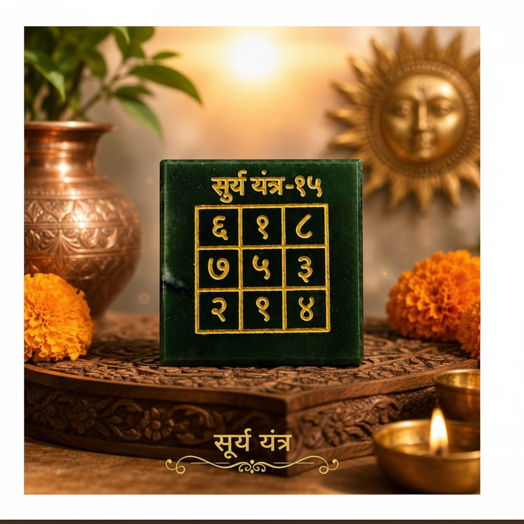Surya Yantra on wooden tray with golden sun idol and marigold
