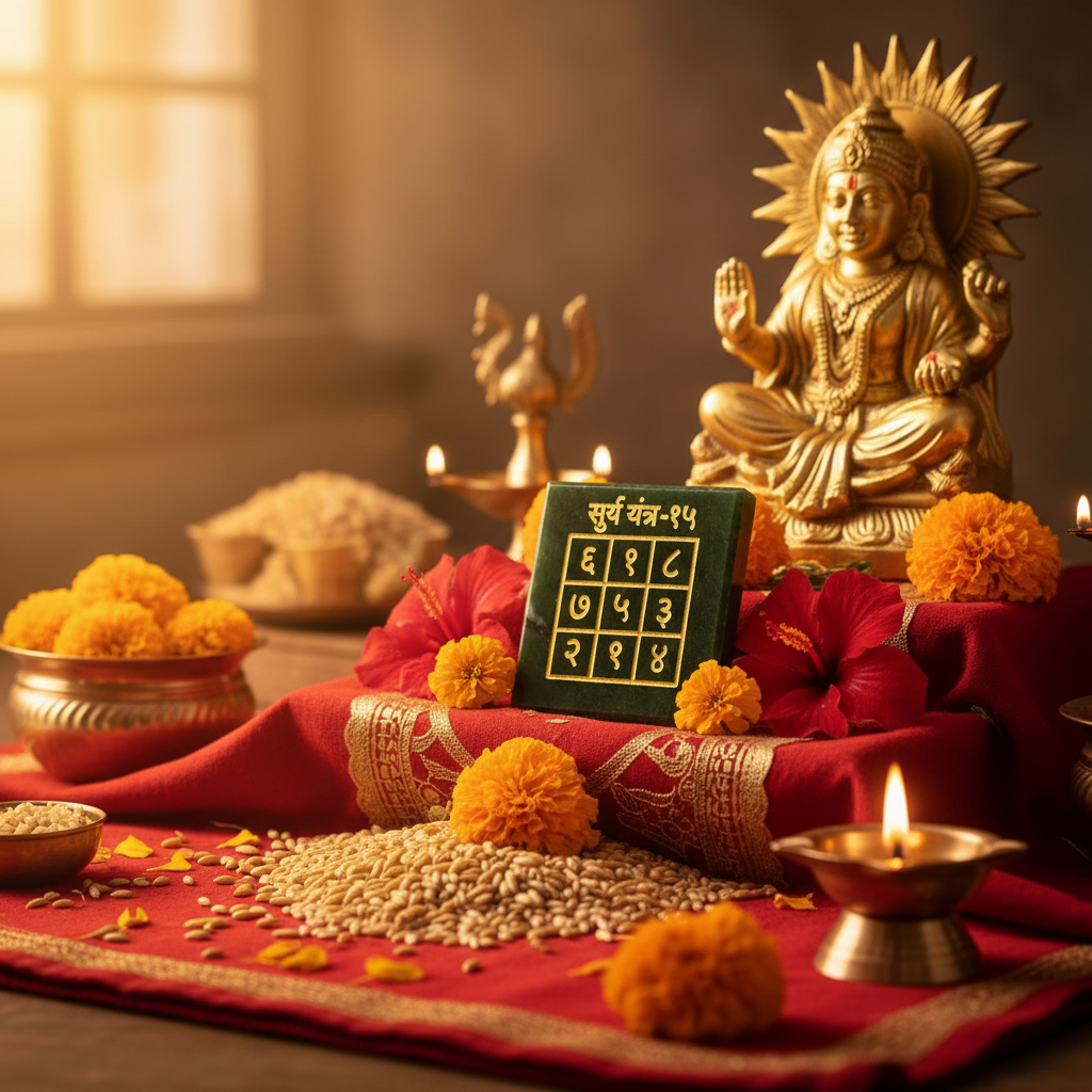 Surya Yantra on Surya Dev pooja altar with red flowers