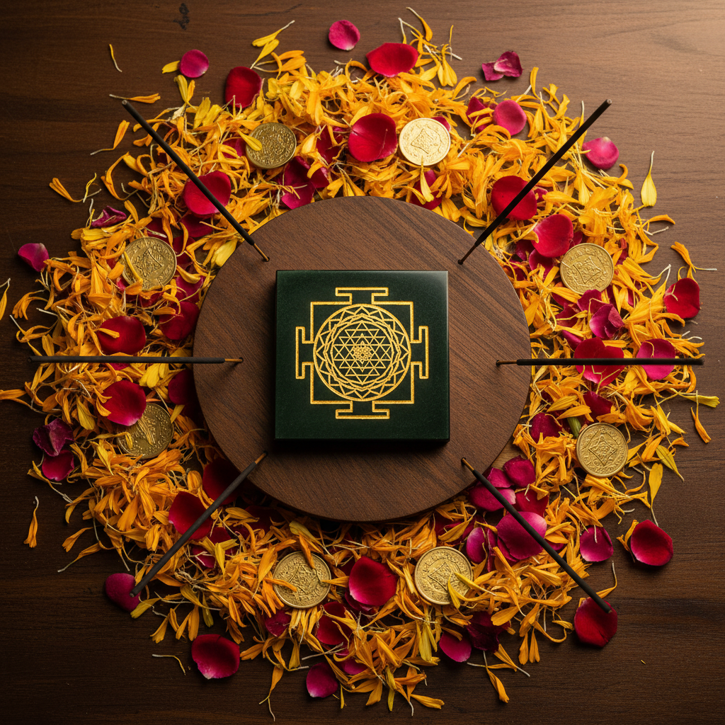 Shree Yantra flat lay with marigold flowers and gold coins