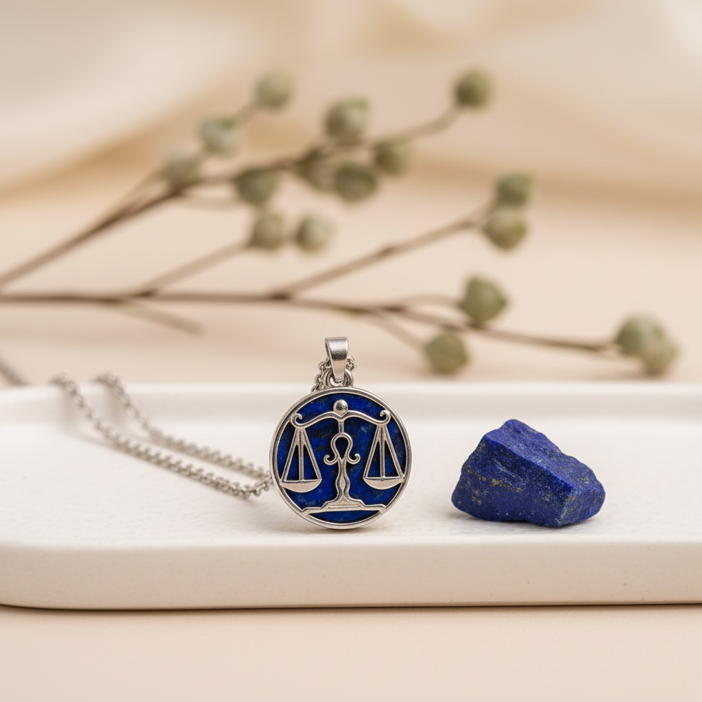 Libra zodiac pendant with lapis lazuli on white ceramic tray with raw stone and botanicals