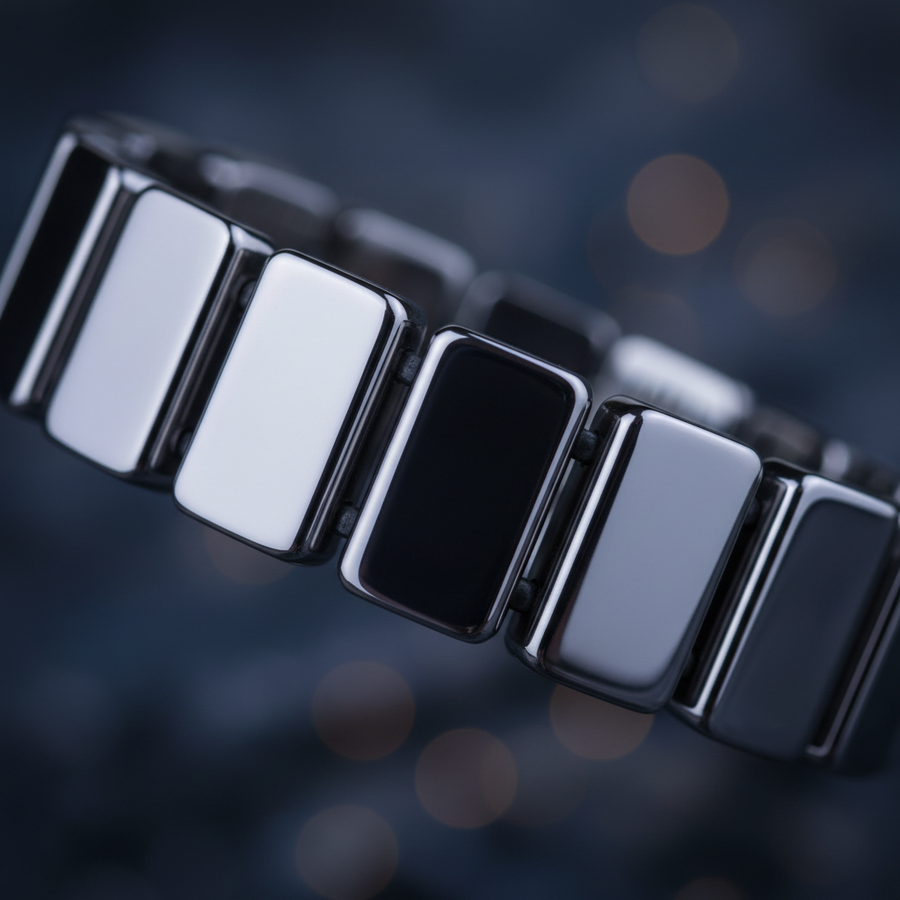 Chunky Rectangular Hematite Bracelet bead close-up showing metallic shine