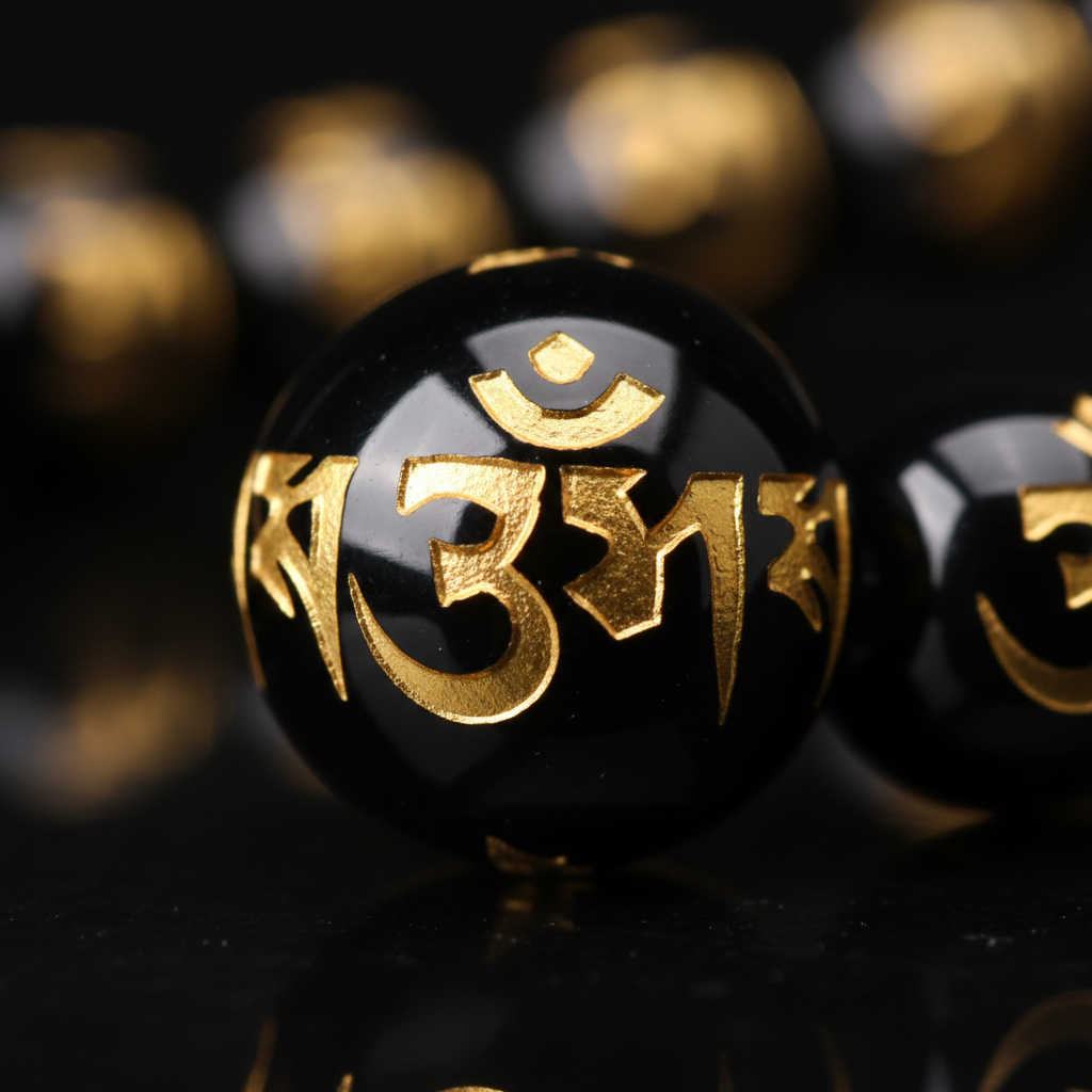 Natural OM Mani Black Onyx Bracelet close-up showing engraved OM Mani Padme Hum mantra in gold