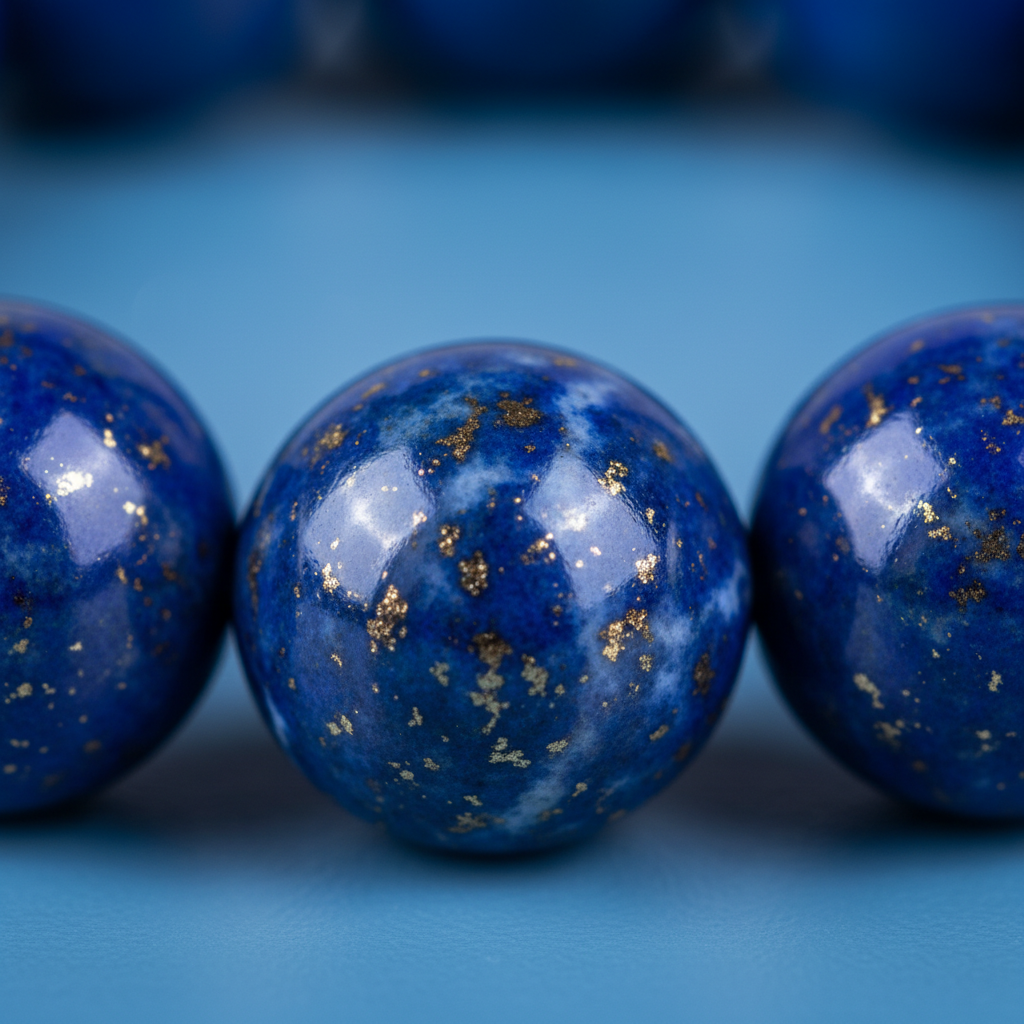 Natural Lapis Lazuli Bracelet bead close-up showing royal blue with golden pyrite flecks
