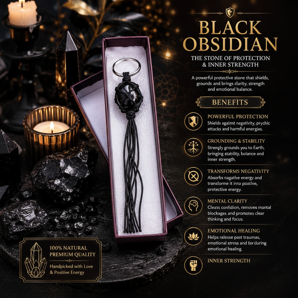 Black Obsidian Keychain in gift box with candlelight