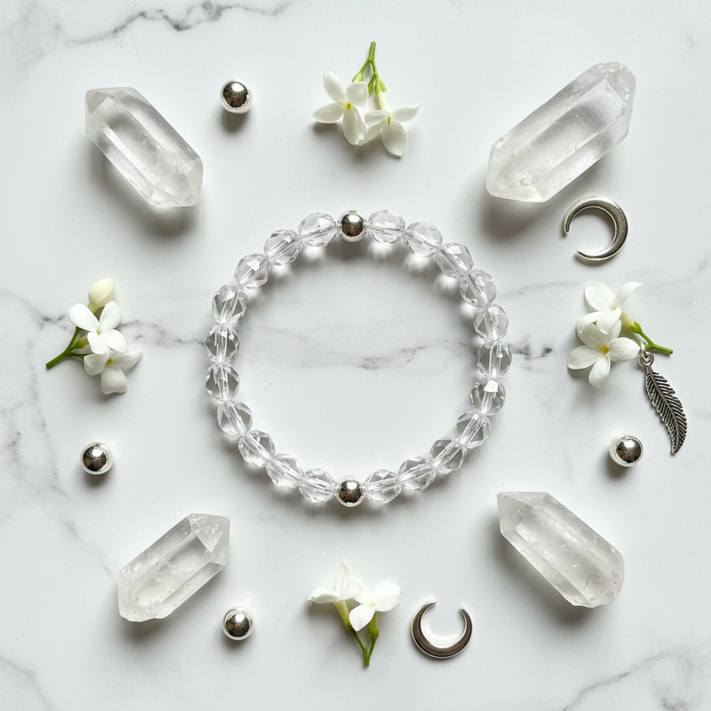 Faceted Clear Quartz Bracelet flat lay with quartz points and white flowers