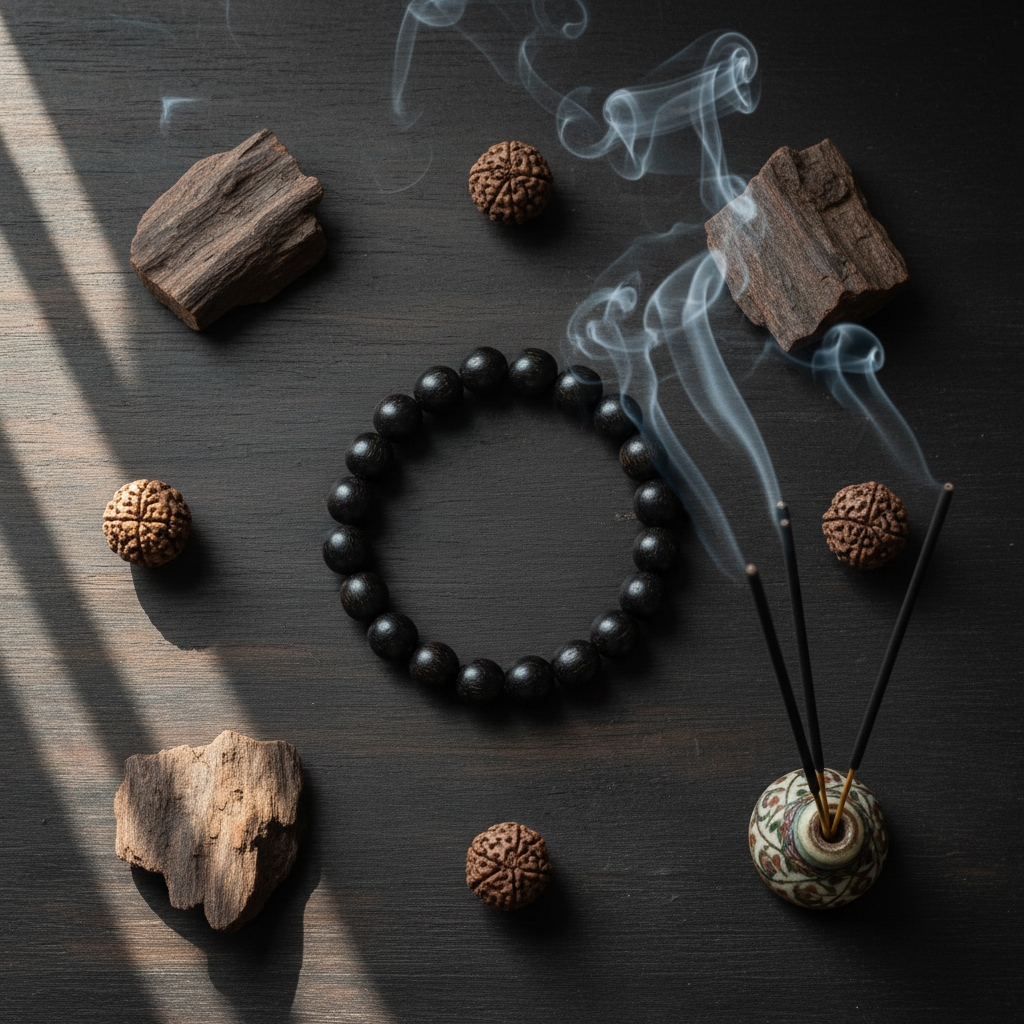 Natural Karungali Ebony Wood Bracelet flat lay with ebony wood and sacred elements