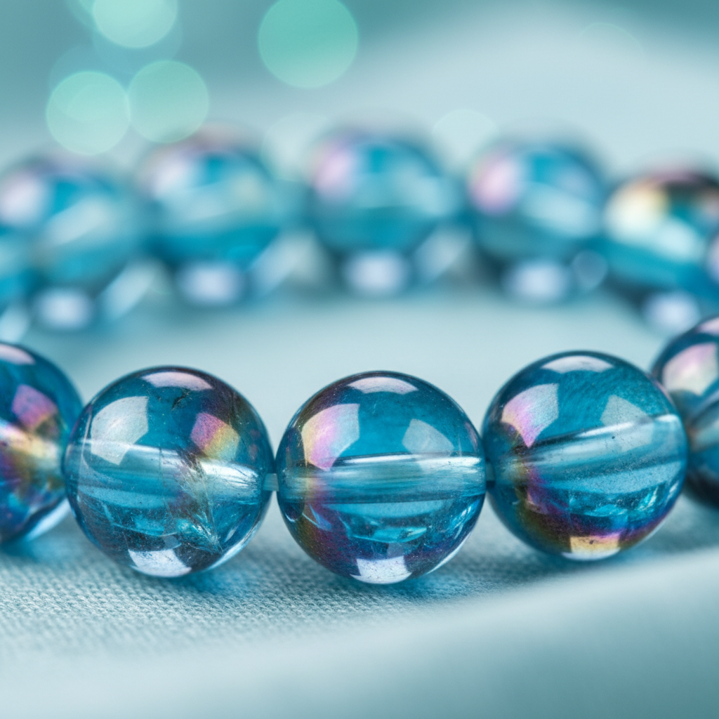 Aqua Aura Bracelet bead close-up showing iridescent electric blue shimmer