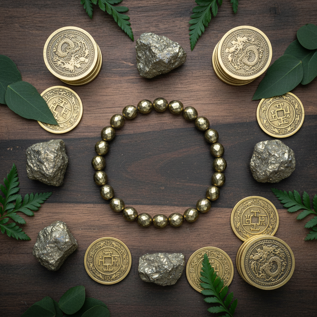 Natural Pyrite Bracelet flat lay with pyrite nuggets and gold coins