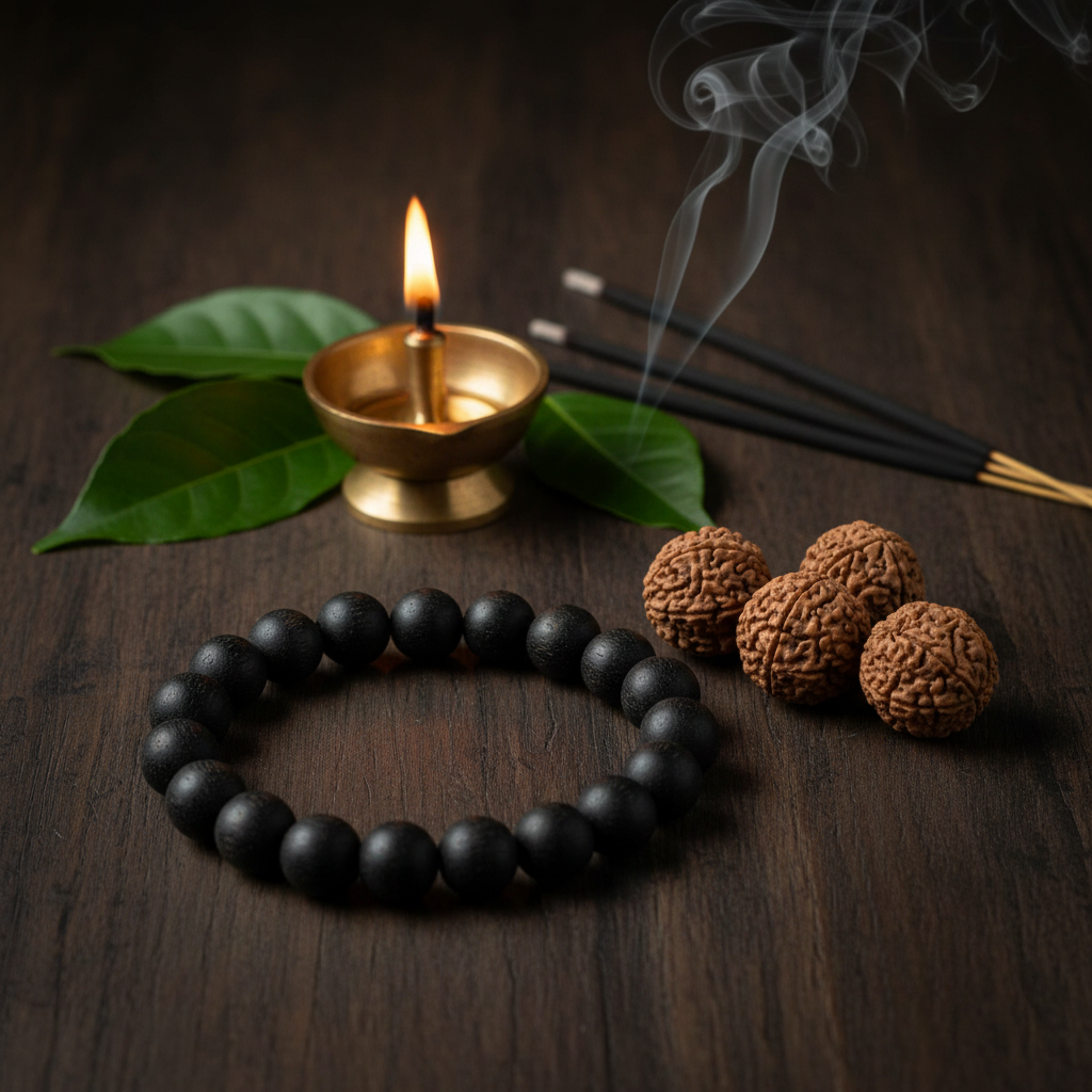 Natural Karungali Ebony Wood Bracelet on dark wood with rudraksha and diya