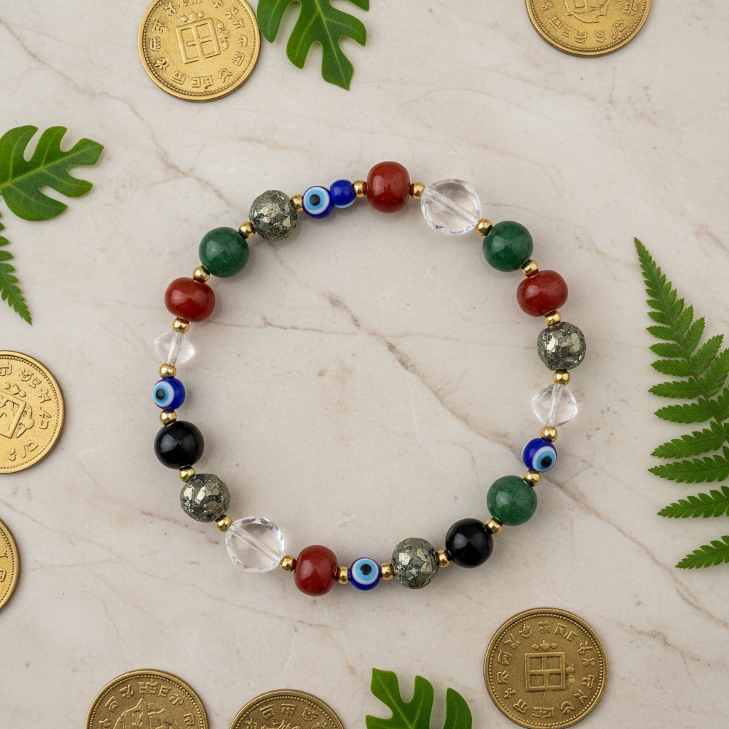 Dhan Dhara Dhanyog Bracelet flat lay with gold coins and green leaves