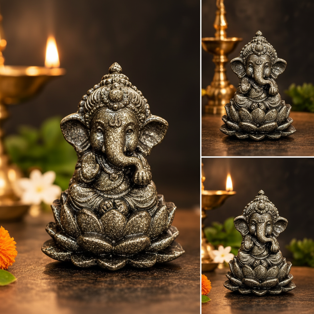 3-inch Pyrite Bal Ganesh Ji idol seated on a lotus base with warm golden devotional lighting