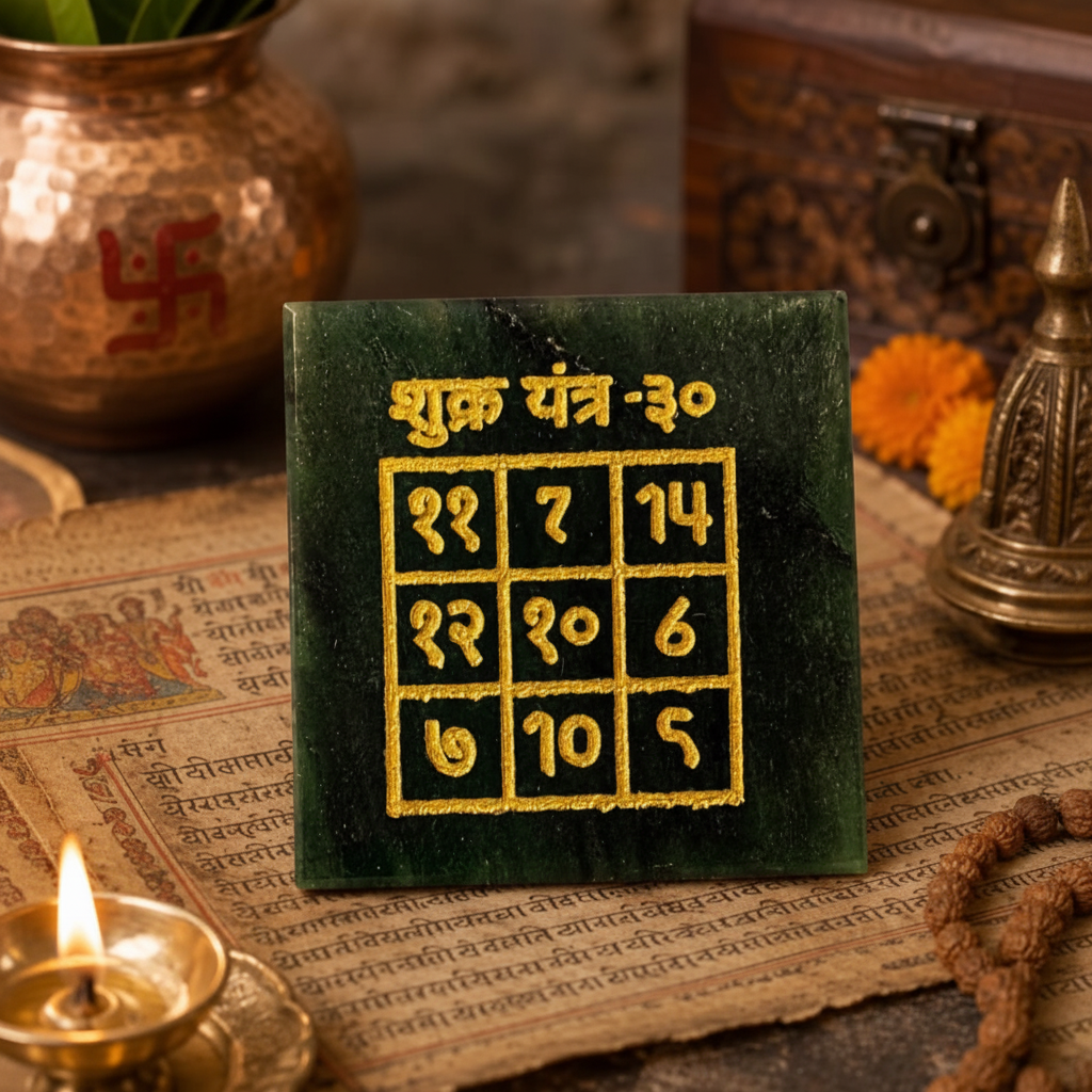 Shukra Yantra on Sanskrit manuscript with brass diya