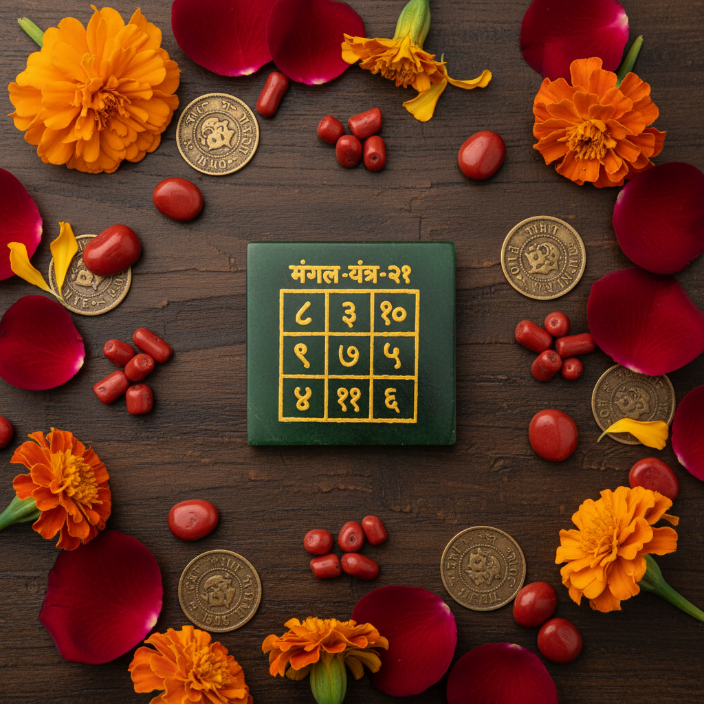 Mangal Yantra flat lay with red rose petals and brass coins