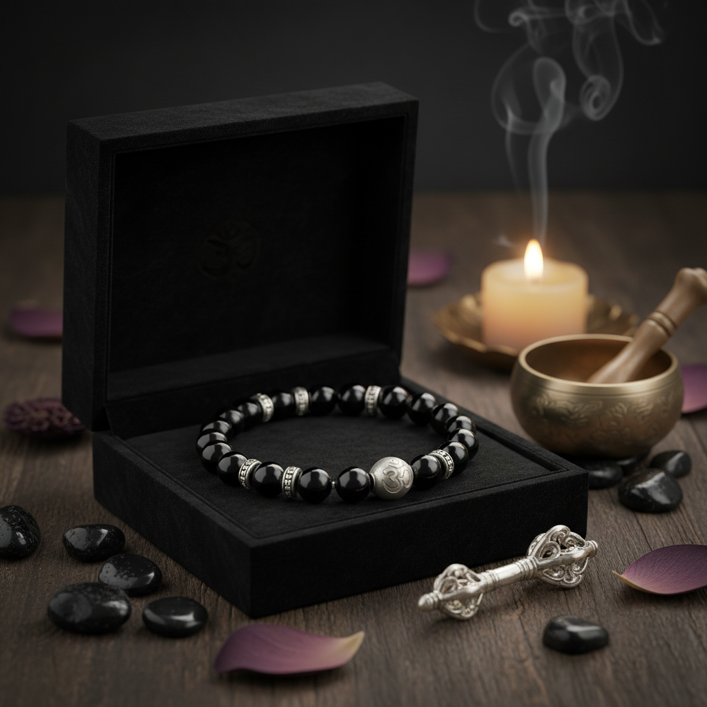 Natural OM Mani Black Onyx Bracelet in premium gift box with black velvet