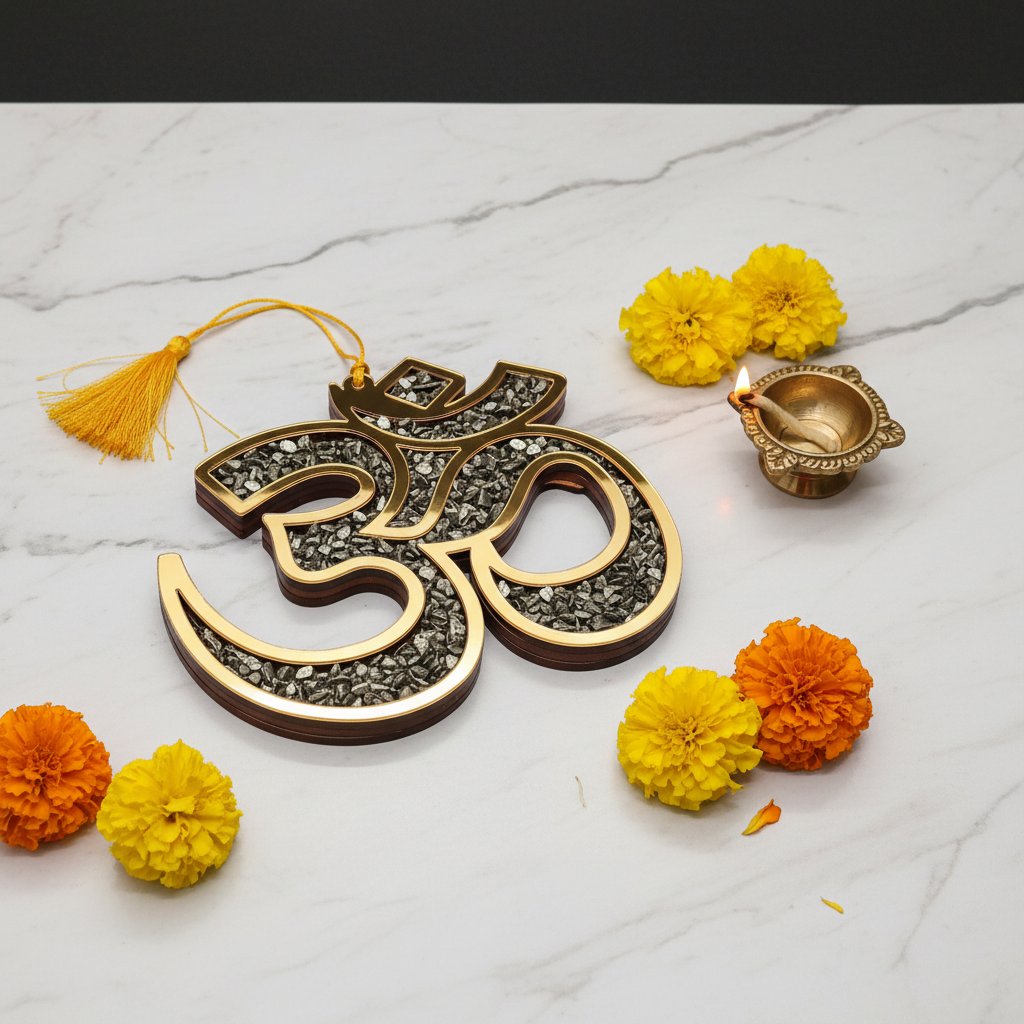 Pyrite Om wall hanging on white marble with marigold flowers and diya