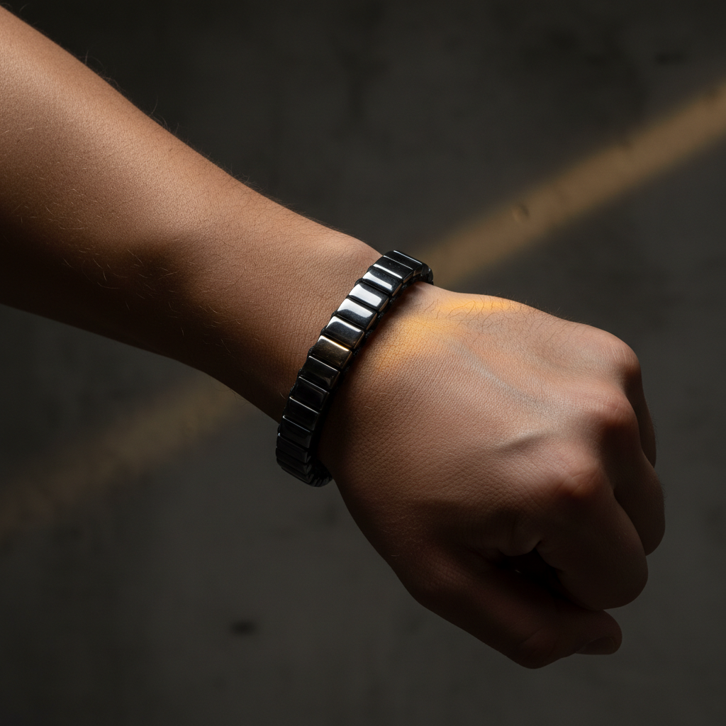 Chunky Rectangular Hematite Bracelet worn on wrist