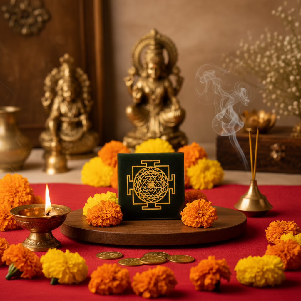Shree Yantra on Lakshmi pooja altar with flowers and lamp