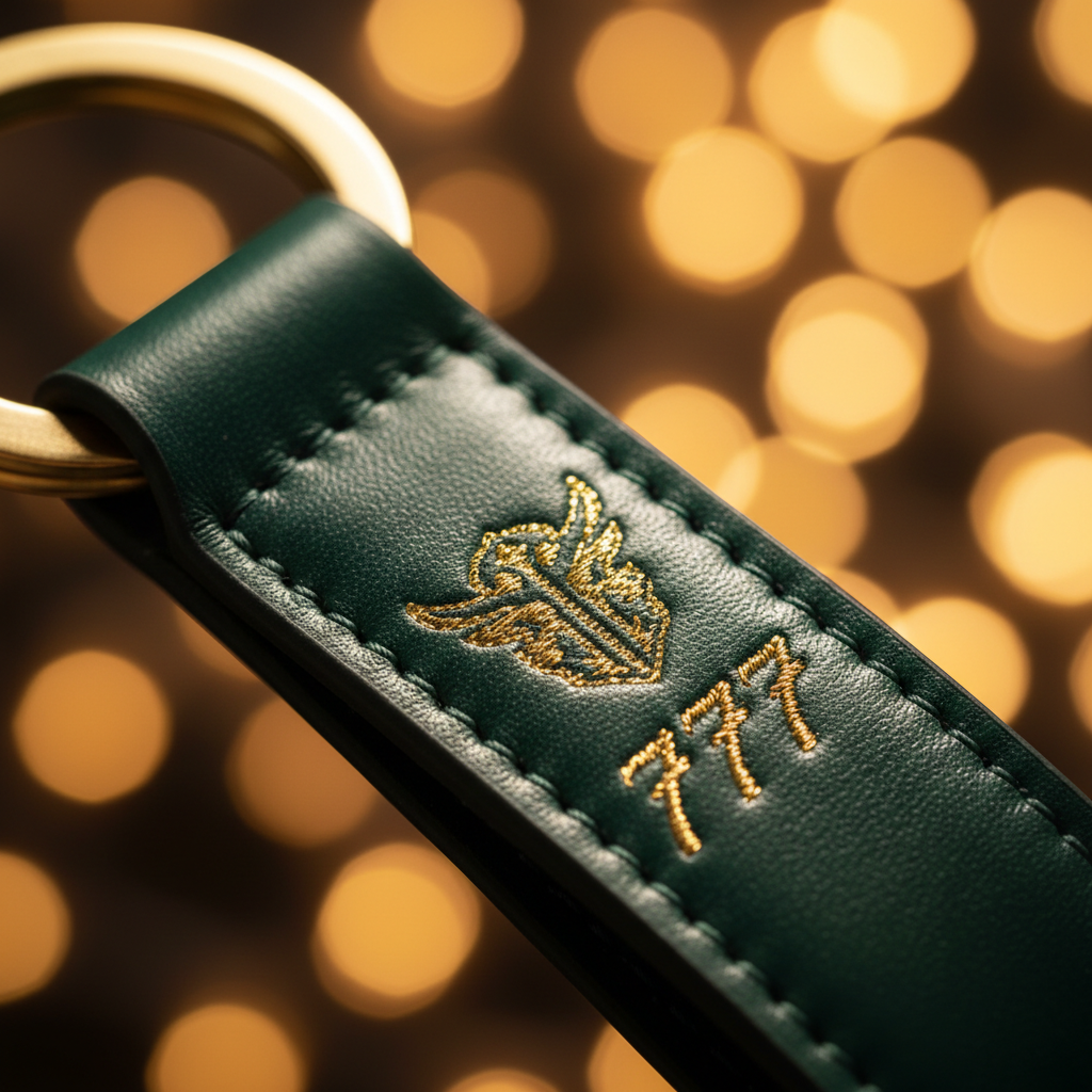Goodhabiitss Divya Kavach Keychain close-up showing gold stitching and brand logo detail