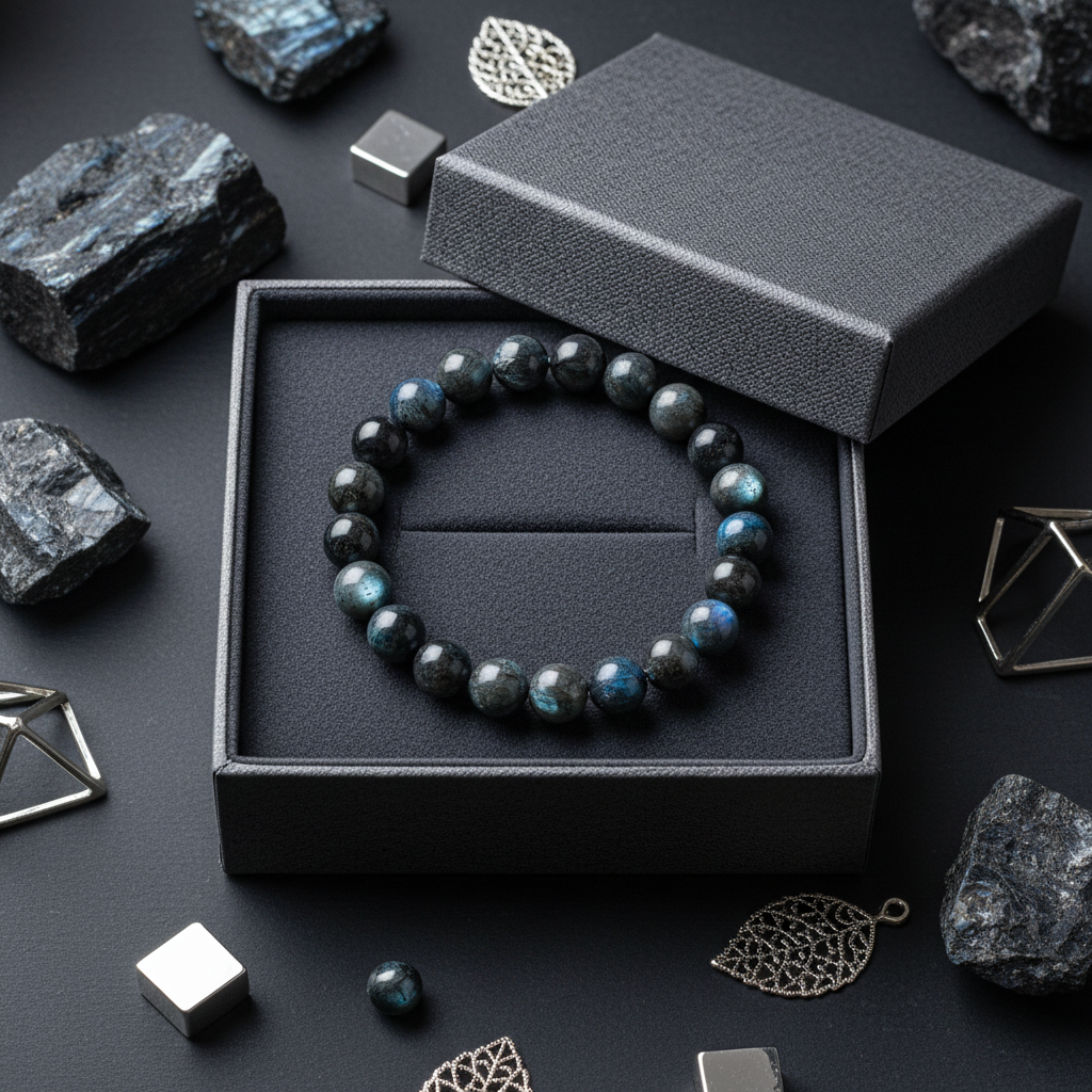 Natural Larvikite Bracelet in premium gift box with dark grey velvet