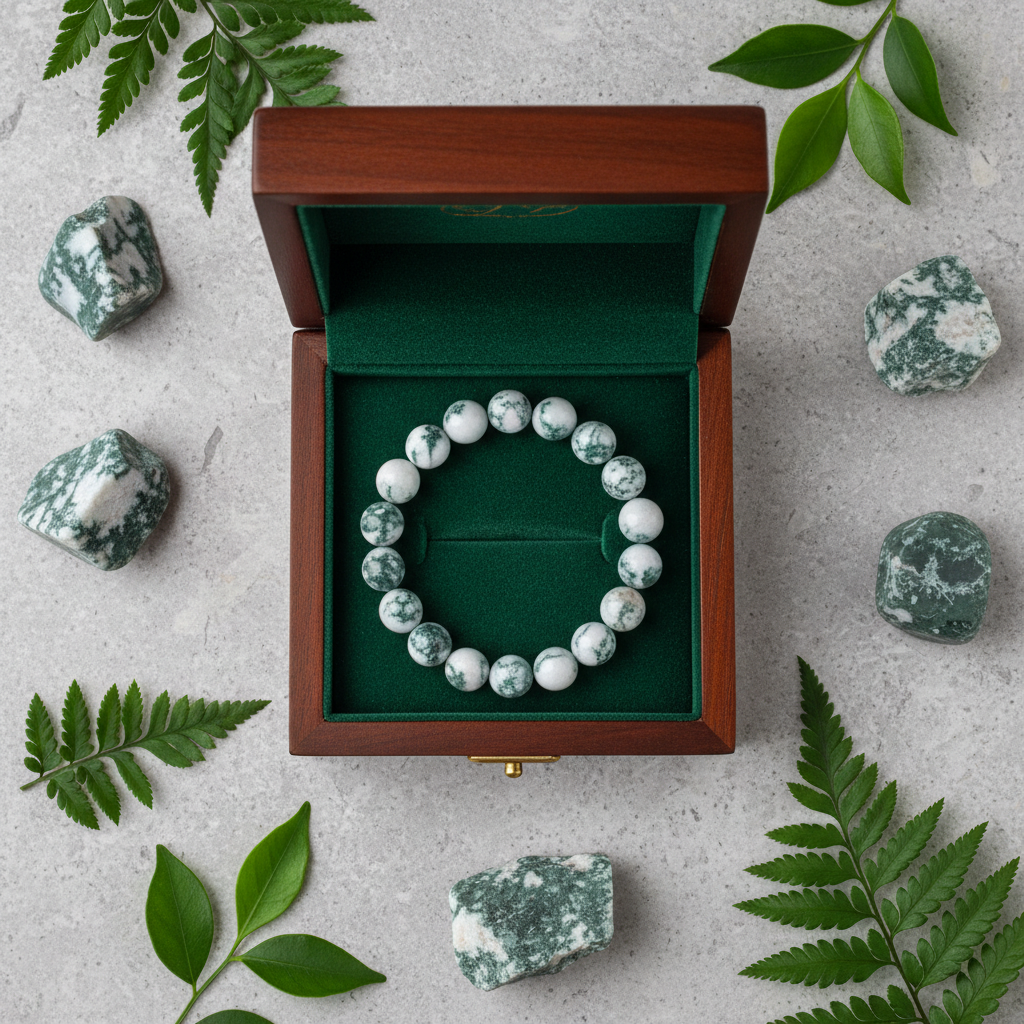 Natural Tree Agate Bracelet in premium gift box with soft green velvet