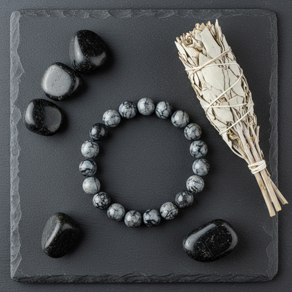 Natural Black Web Jasper Bracelet flat lay with jasper stones and white sage