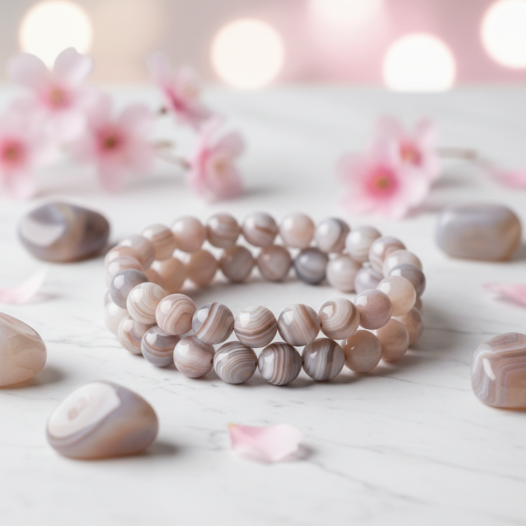 Natural Botswana Agate Bracelet on white marble with agate stones and pink flowers