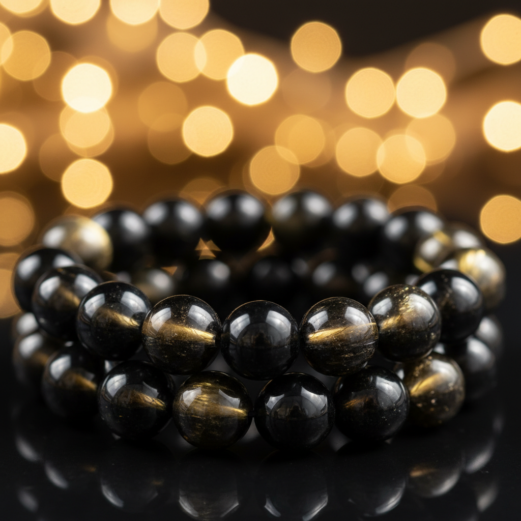 Golden Obsidian Bracelet bead close-up showing deep black with stunning golden metallic sheen