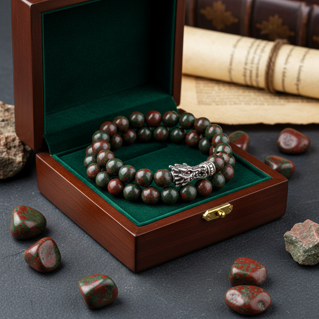 Natural Dragon Bloodstone Bracelet in premium gift box with dark green velvet
