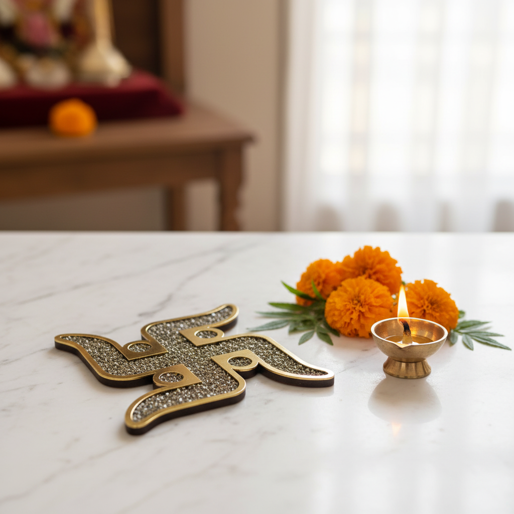 Pyrite Swastik wall hanging on marble with marigold flowers and diya
