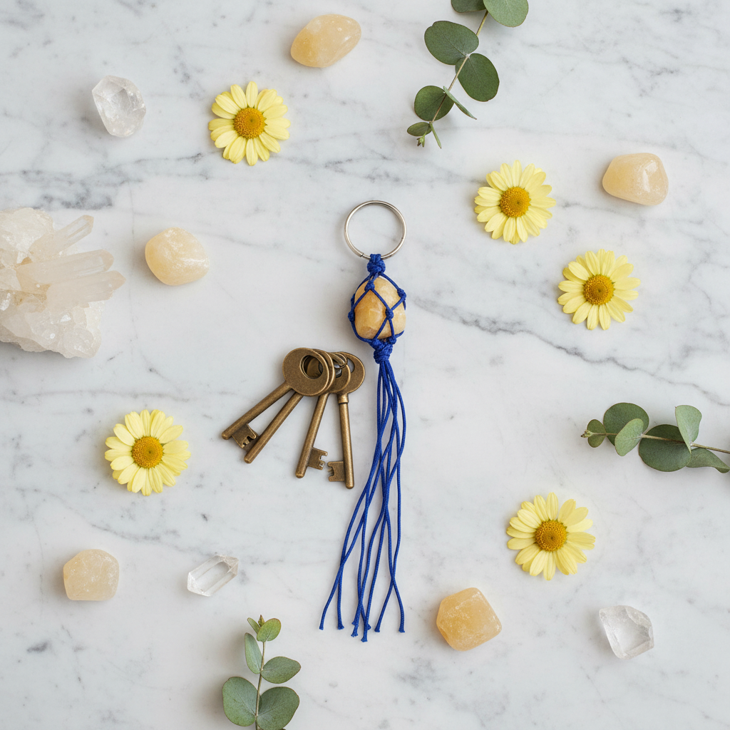 Natural Yellow Agate Keychain flat lay with keys