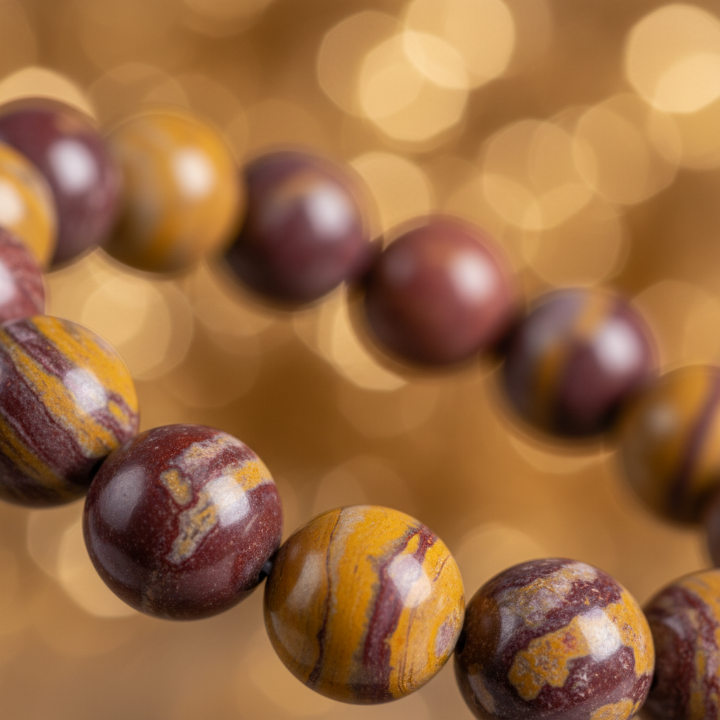 Natural Mookaite Jasper Bracelet bead close-up showing vibrant red yellow purple and cream patterns
