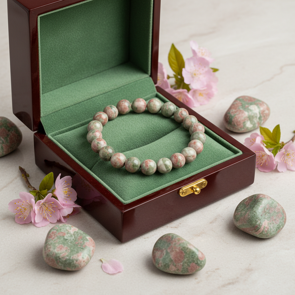 Natural Unakite Bracelet in premium gift box with soft green velvet
