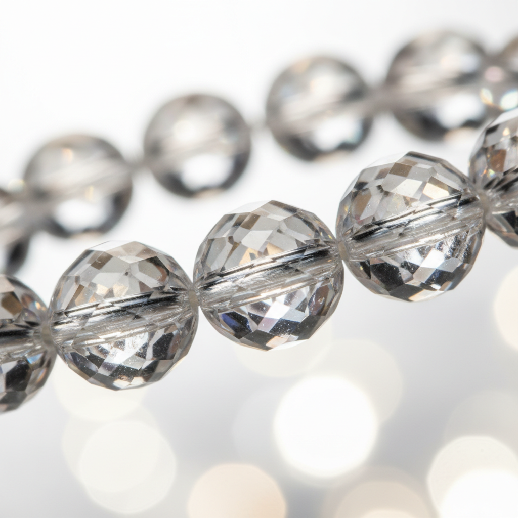 Faceted Clear Quartz Bracelet bead close-up showing diamond facets and rainbow refractions