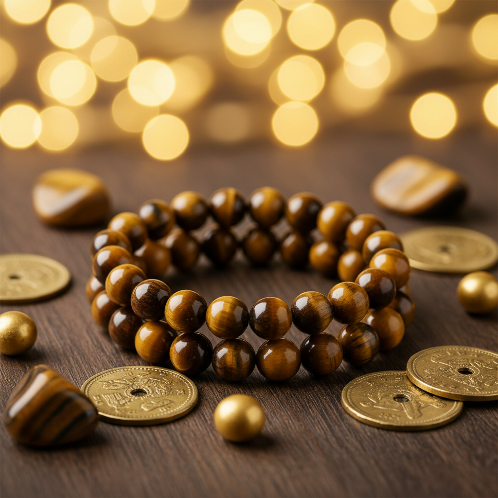 Natural Yellow Tiger Eye Bracelet on dark wood with golden coins