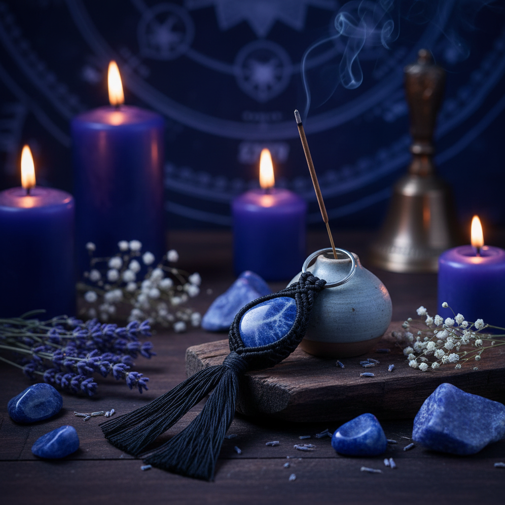Sodalite Keychain on spiritual meditation altar