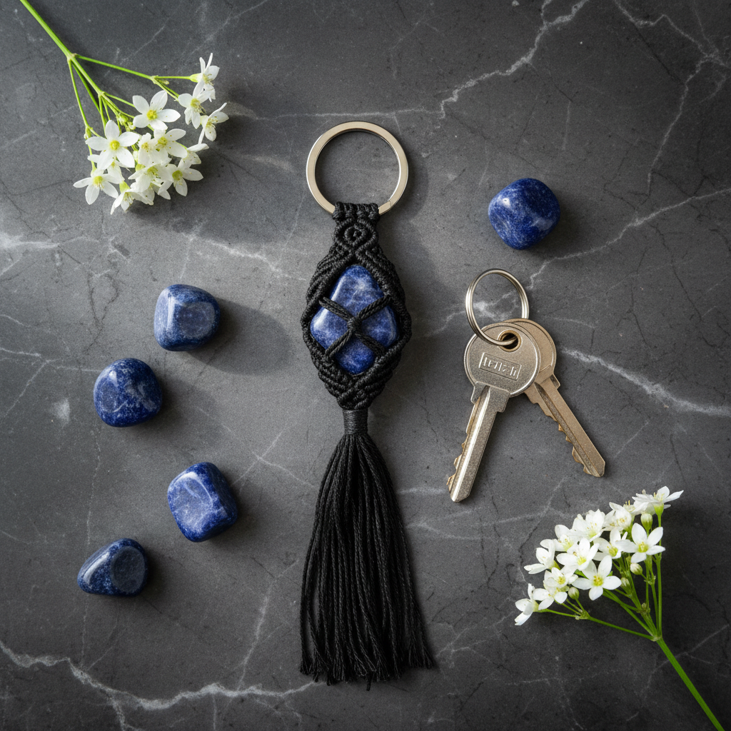 Sodalite Keychain flat lay with keys and flowers