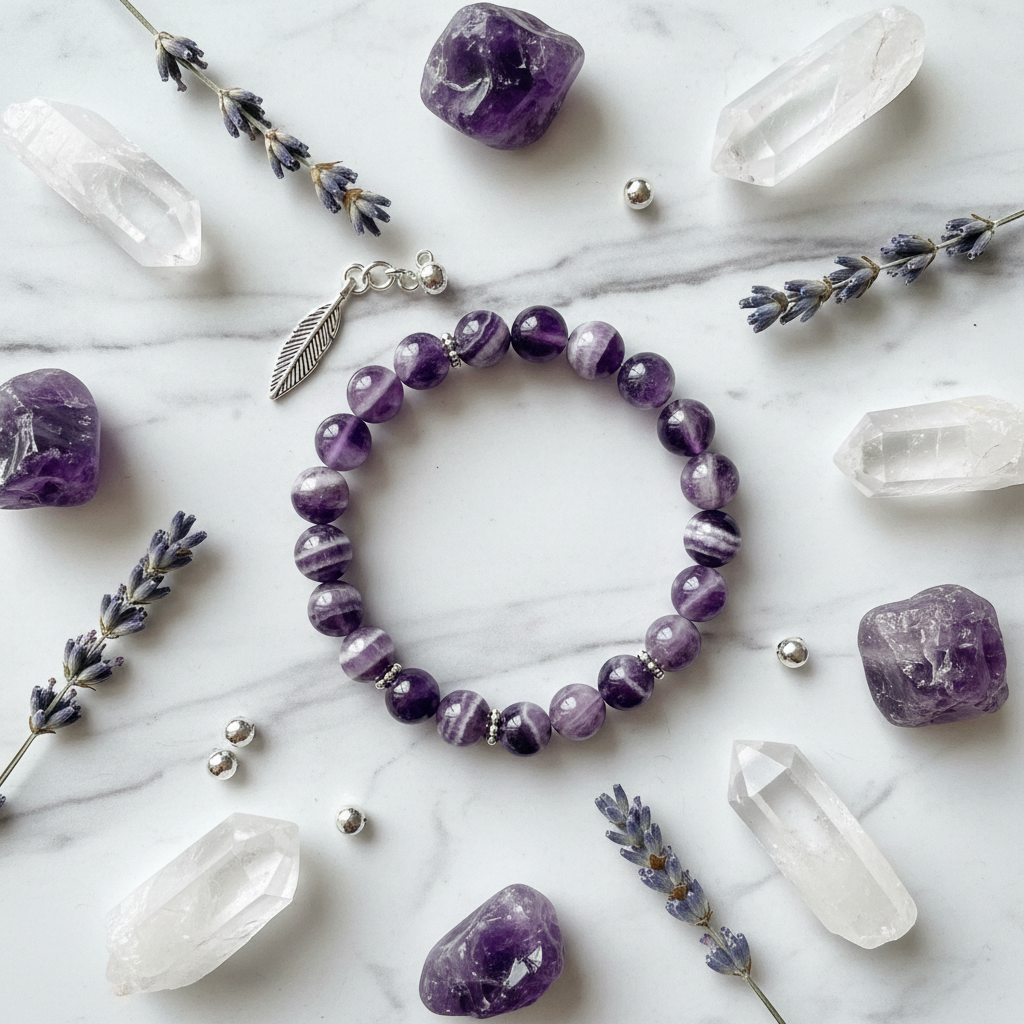 Natural Chevron Amethyst Bracelet flat lay with crystals and lavender
