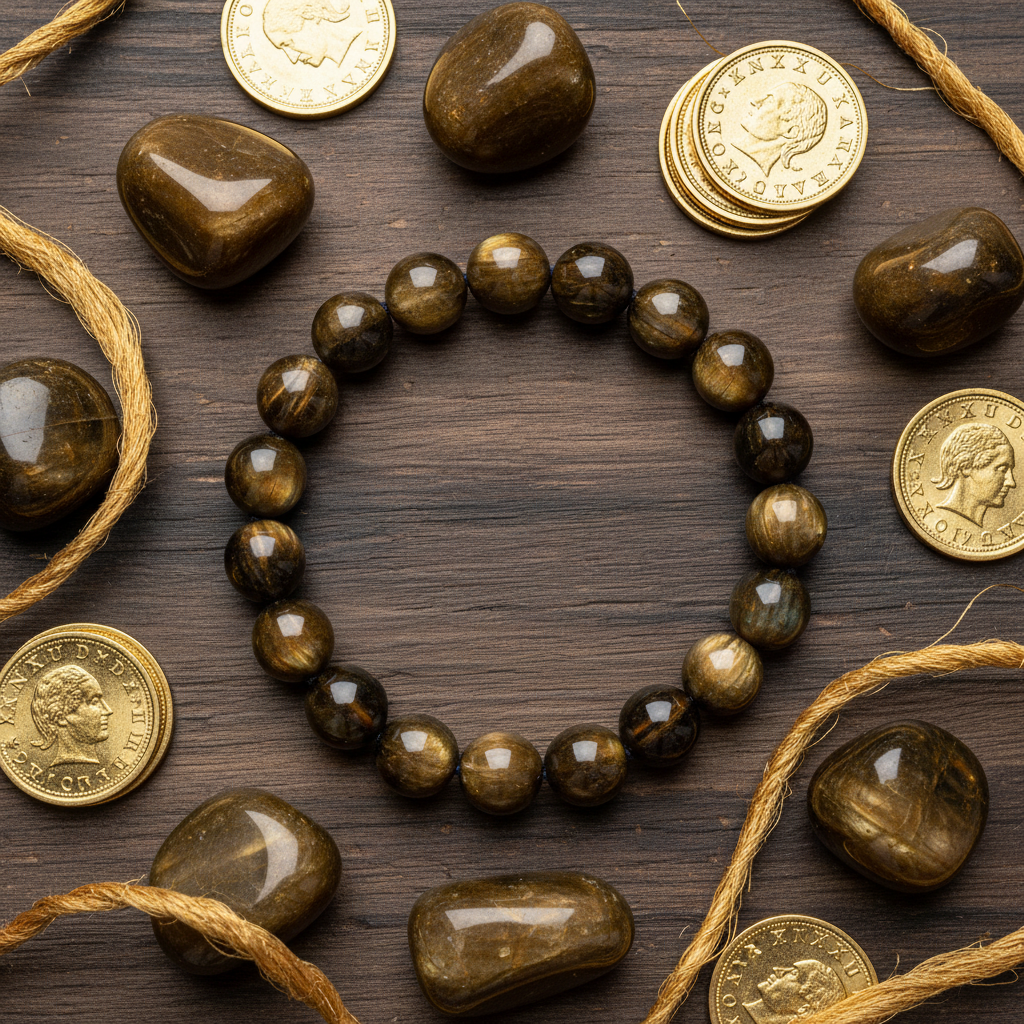 Golden Obsidian Bracelet flat lay with golden obsidian stones and gold coins
