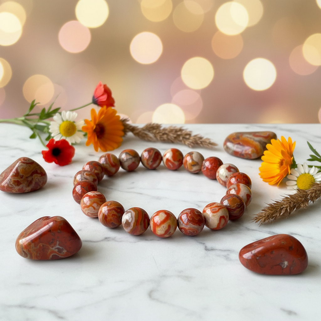 Natural Crazy Lace Agate Bracelet on white marble with colorful agate stones and flowers