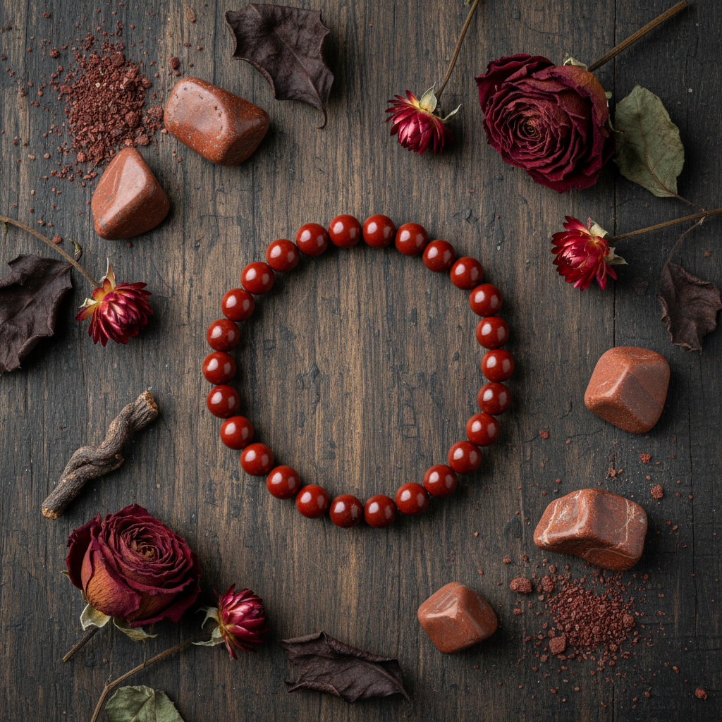 Natural Red Jasper Bracelet flat lay with red jasper stones and earthy elements