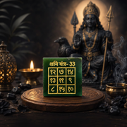 Shani Yantra on wooden tray with Shani idol and brass diya