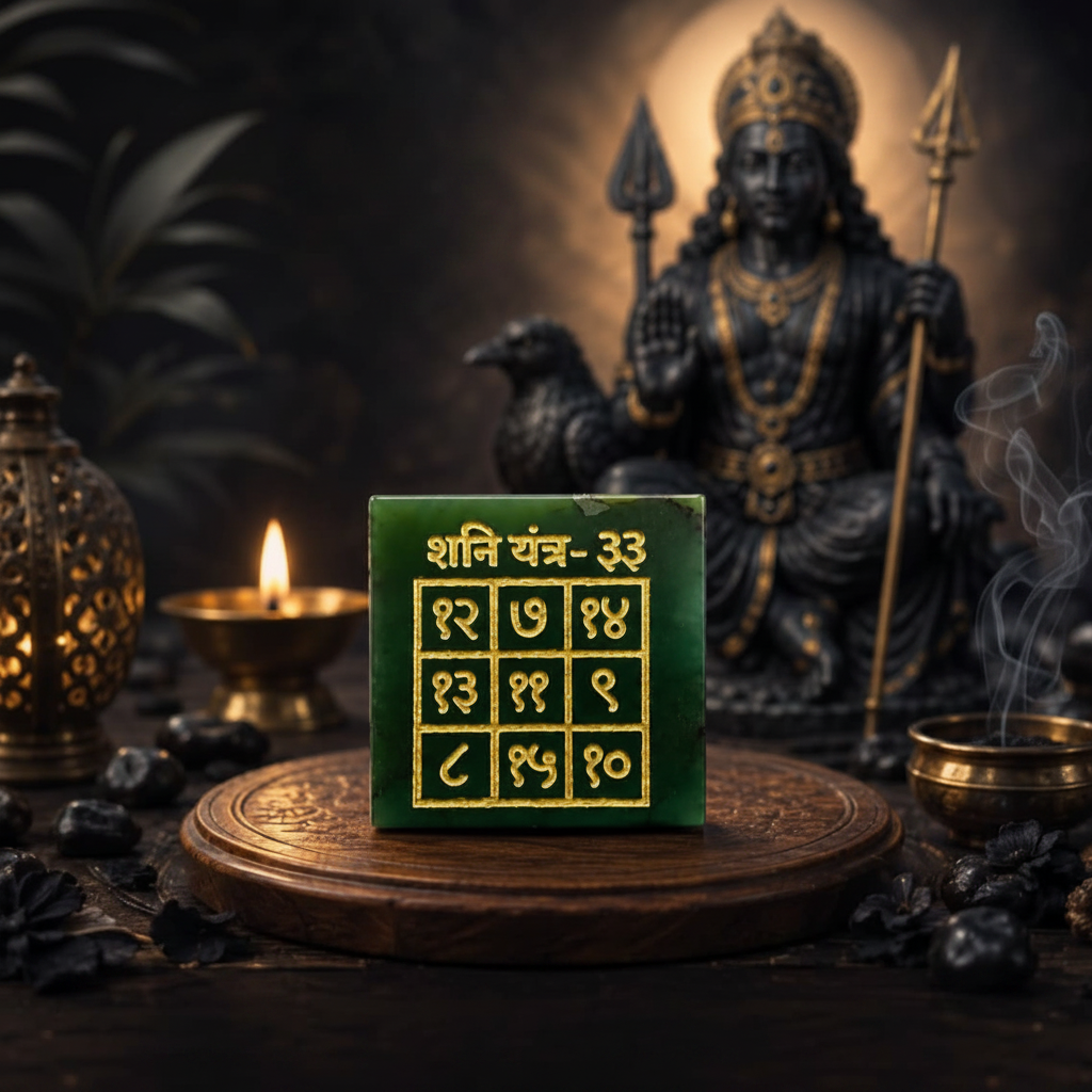 Shani Yantra on wooden tray with Shani idol and brass diya