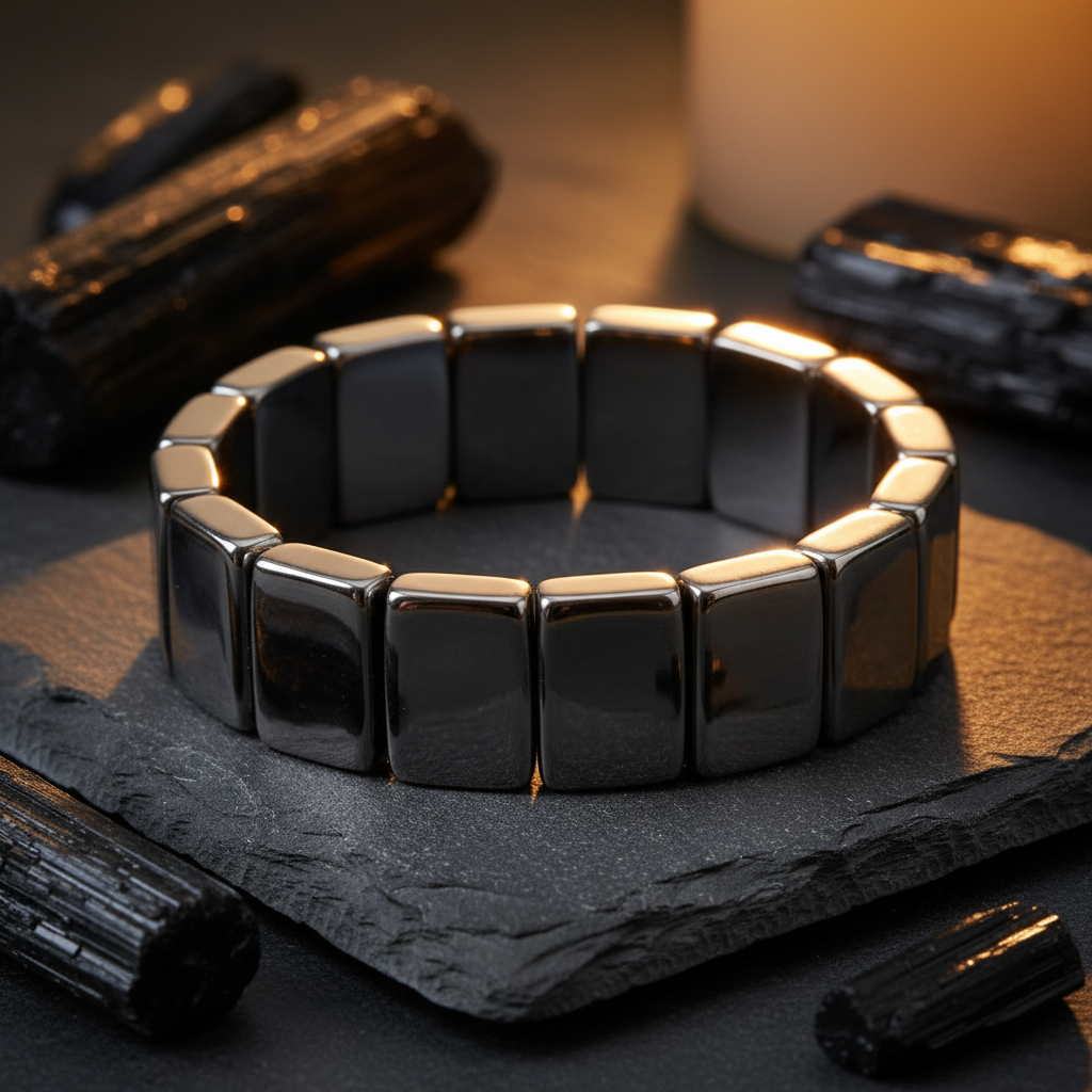 Chunky Rectangular Hematite Bracelet on dark slate with black crystals