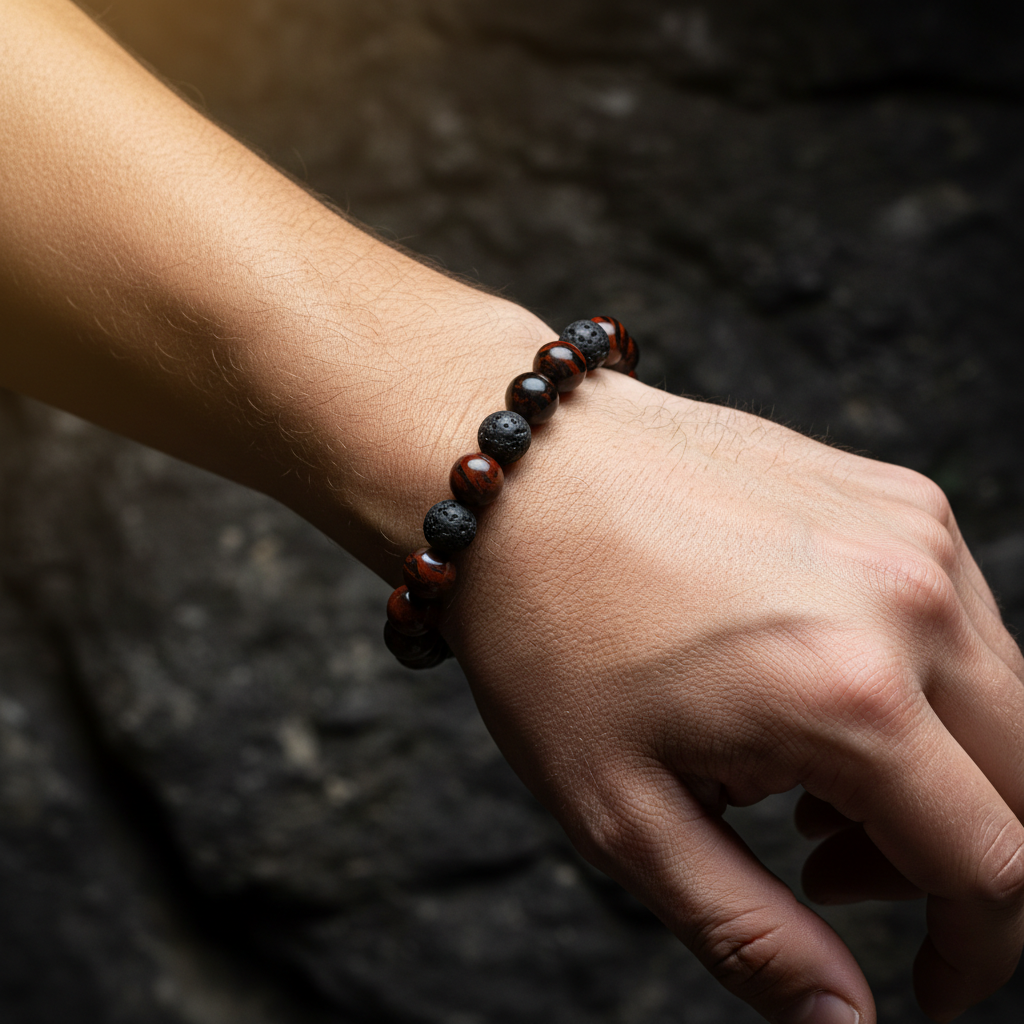 Natural Mahogany Obsidian Bracelet worn on wrist