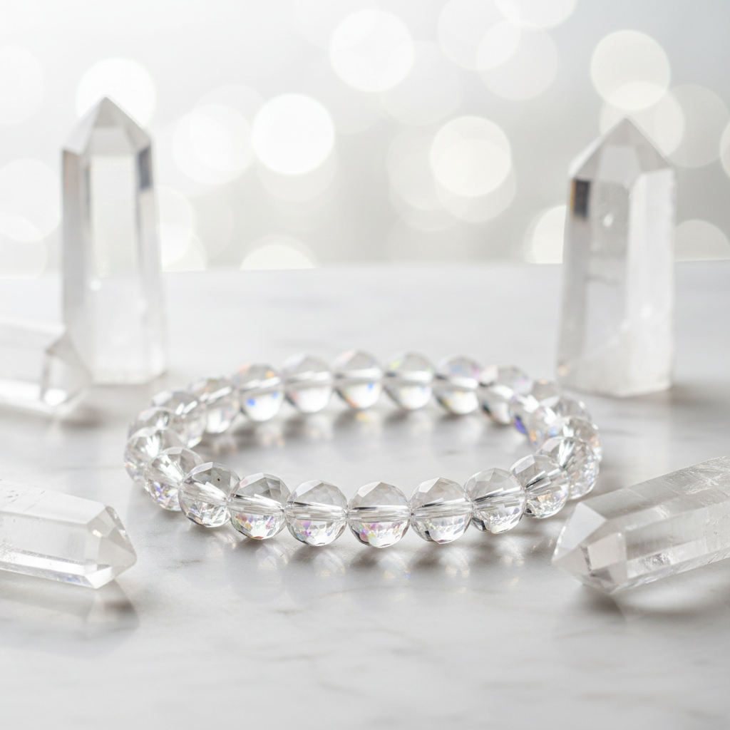 Faceted Clear Quartz Bracelet on white marble with quartz points and rainbow light