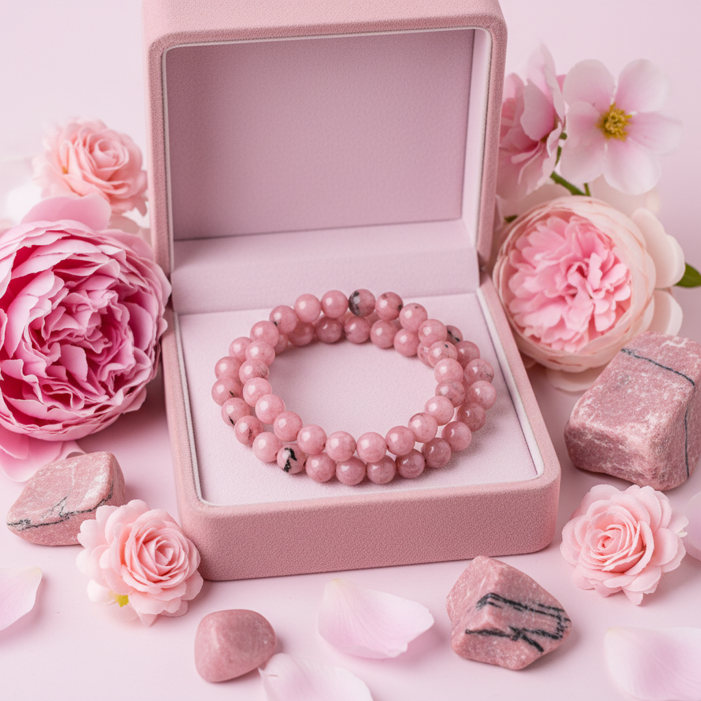 Natural Pink Rhodonite Bracelet in premium gift box with pink velvet